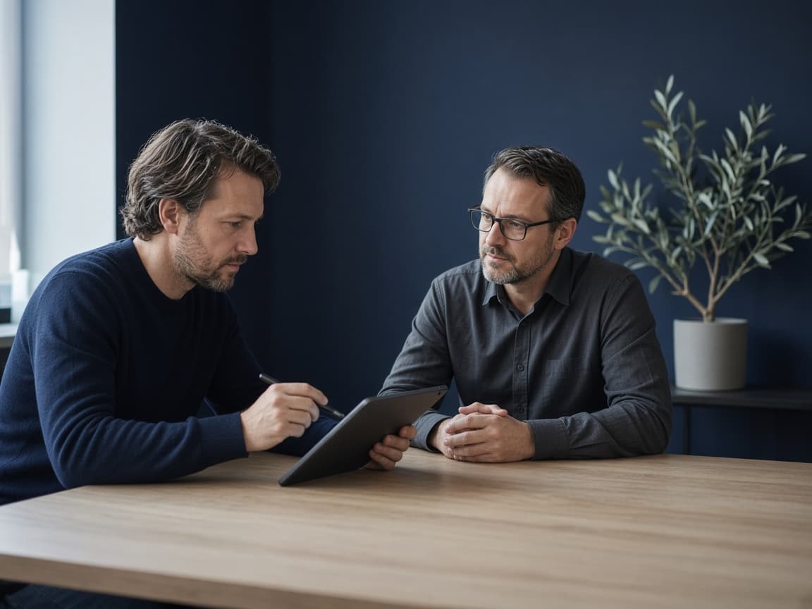 An assessor and a candidate reviewing a tablet