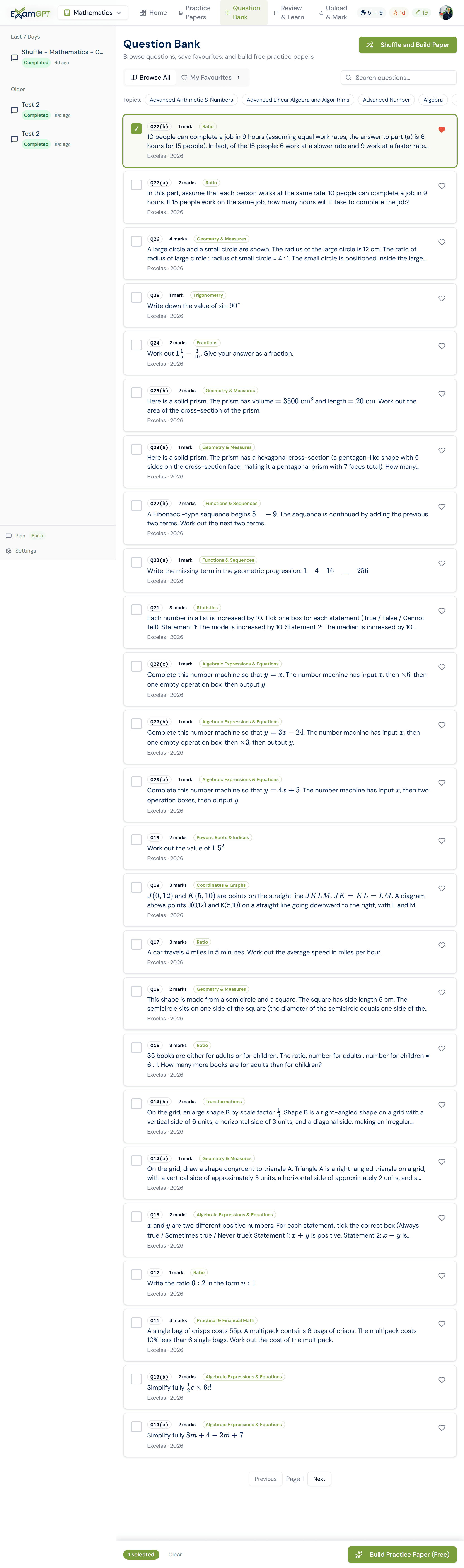 ExamGPT Student question bank with filters and exam-style questions