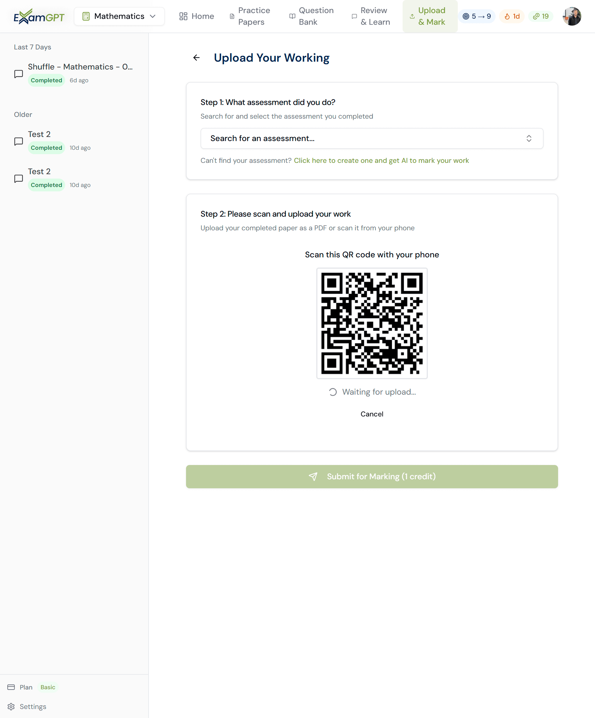 Uploading a completed past paper from a phone for AI marking