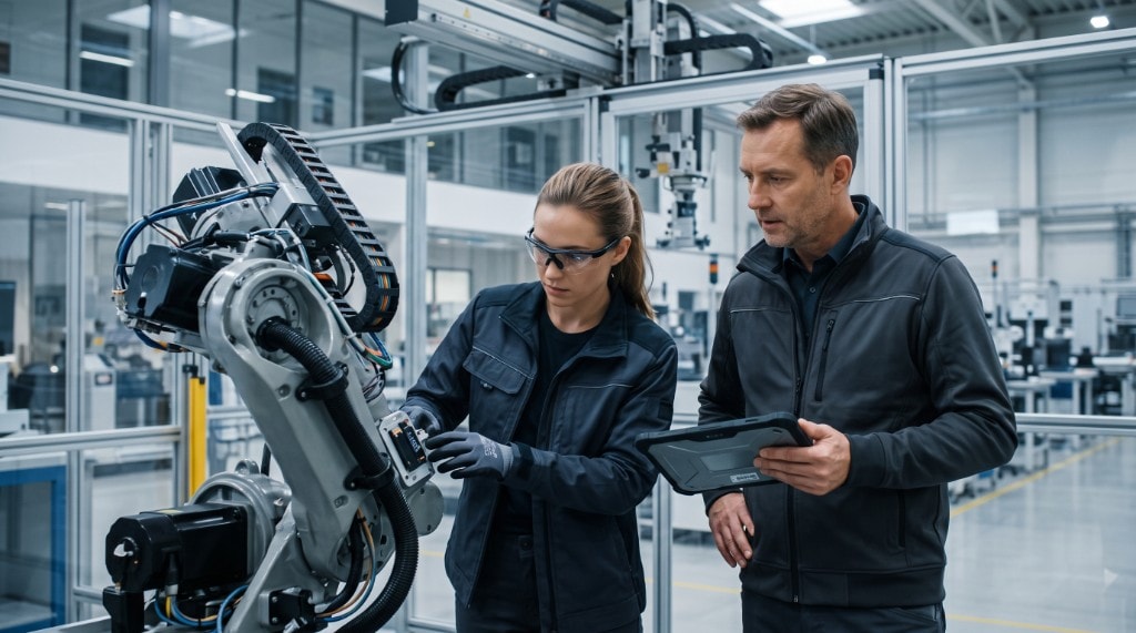 Two technicians inspecting a robotic arm on a factory floor